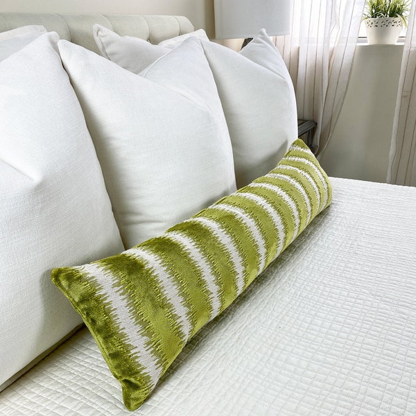 Extra Long Chartreuse Green and Cream Stripe Velvet Pillow Cover | Bed Pillow Cover | Extra Long Lumbar Body Pillow | Bolster