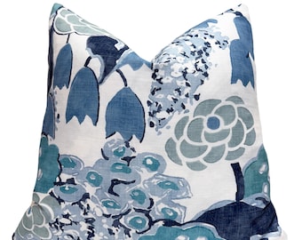 Thibaut Laura Blue Throw Pillow Cover | Floral Linen Designer Pillowcase