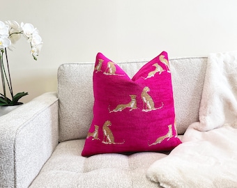 Fuchsia Embroidered Cheetah Throw Pillow Cover | Hot Pink