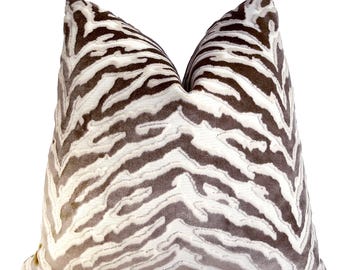 Taupe Cream Zebra Velvet Throw Pillow Cover | Beige Animal Print Cushion Cover