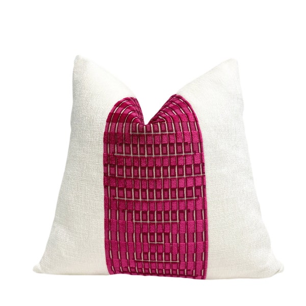 Magenta Fuchsia and Off White Velvet Throw Pillow Cover |  Fuchsia Off white Color Block  Pillow Cover | 18x18, 20x20, 22x22, Shams, Lumbar