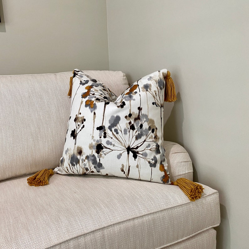 Modern Gray Floral Pillow Cover With Jumbo Gold Tassels Etsy
