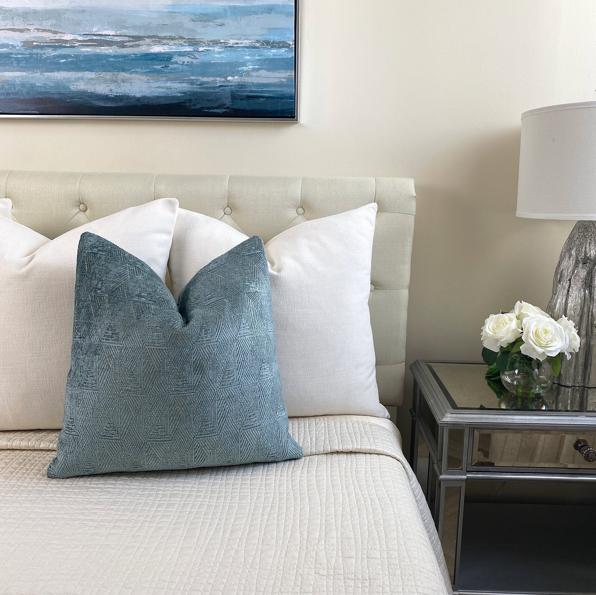 Lake Blue Chenille Throw Pillow Cover Geometric Blue Pillow Etsy