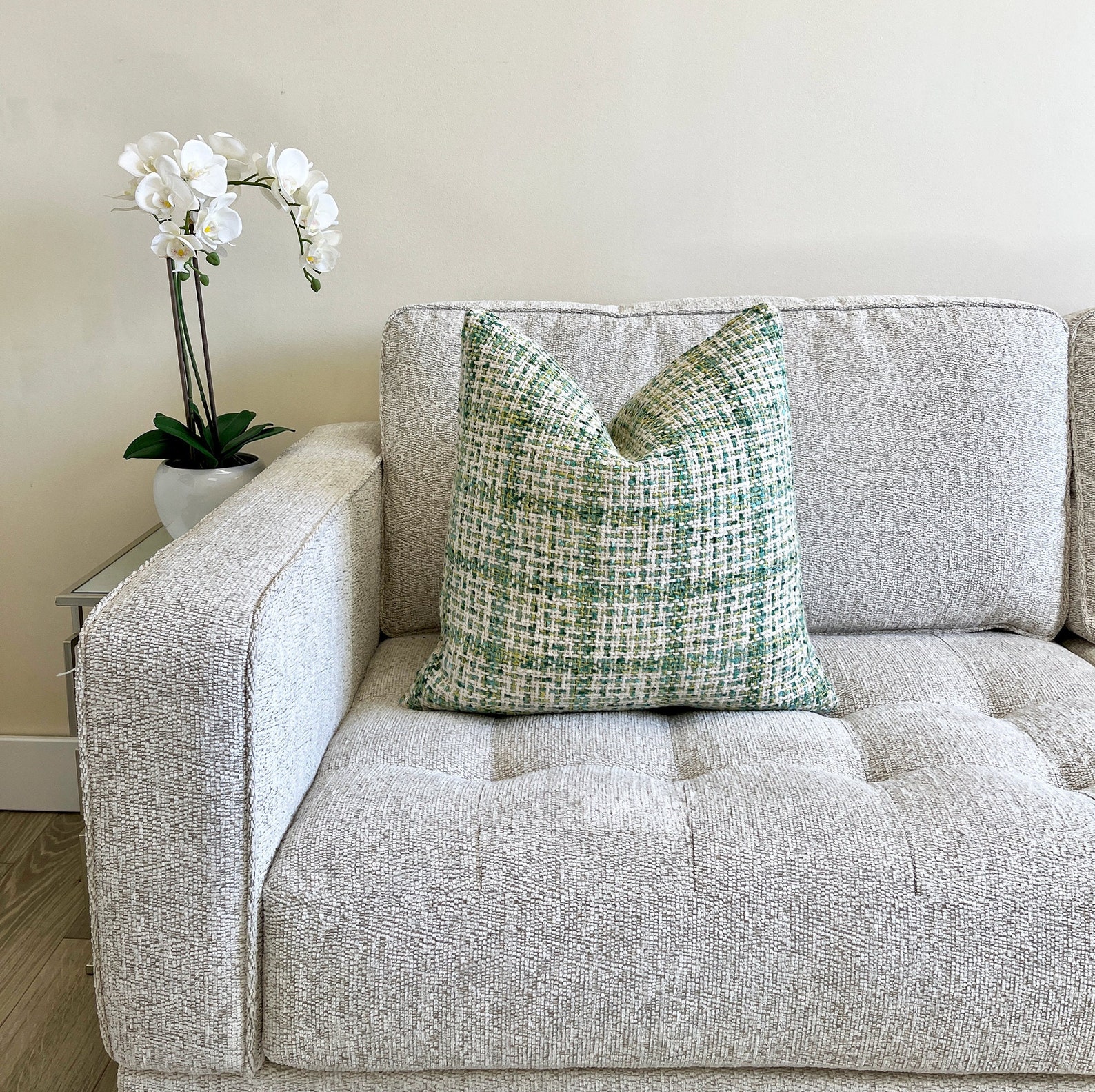 Green and Cream Woven Plaid Throw Pillow Cover Green Plaid Etsy