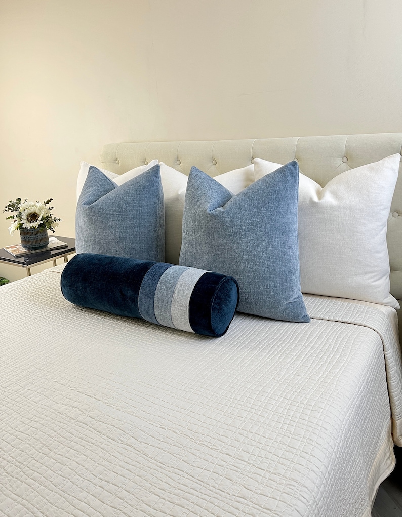 Navy Blue Velvet Bolster With 3 Shades Blue Trim Blue Velvet Etsy