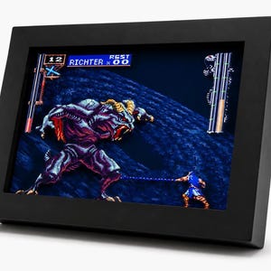 Puede incluir: Una pantalla con marco negro muestra una escena de videojuego retro. El juego presenta un personaje vestido de azul luchando contra un gran monstruo púrpura. La interfaz del juego muestra información de salud y personaje.