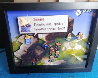 May include: A framed 3D diorama of a scene from the video game Final Fantasy VI. The diorama features characters from the game, including a character named Bernard, who is speaking the words "Freezing wind, speak of forgotten truths! Ice3!"