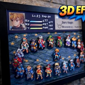 May include: Framed artwork featuring a 3D effect with miniature character figurines arranged on a starry background. The frame includes character stats and the text "3D EFFECT". The artwork is set against a brick wall.