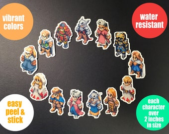 May include: A set of 12 colorful, pixelated character stickers. Each sticker is over 2 inches in size and features a different character from a video game. The stickers are water resistant and easy to peel and stick.
