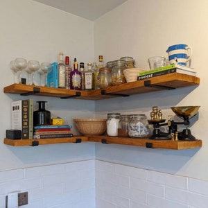 Rustic Wood Corner Shelves, Heavy Duty J shaped Steel Brackets, Custom made.