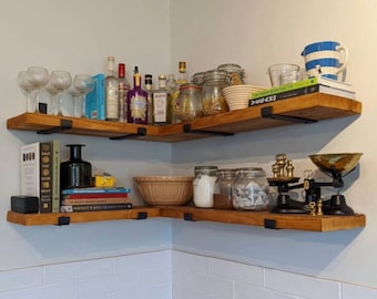 Rustic Wood Corner Shelves, Heavy Duty J shaped Steel Brackets, Custom made.