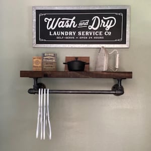 Rustic Laundry Room Shelf with Towel Bar, Industrial Pipe Shelving