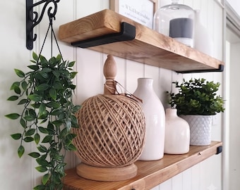 Rustic Wood Shelf with Iron J Brackets - Sustainable and Safe Kitchen Decor