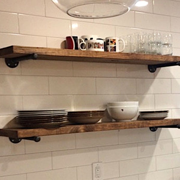 HEAVY-DUTY Rustic Wood Floating Shelf With Two ROBUST Gun Metal Gray Pipe Brackets Made to Order. Sold Individually
