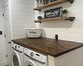 Handcrafted Wood Floating Laundry Shelf: Gun Metal Gray Brackets