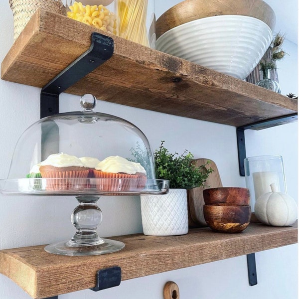 Modern Farmhouse Shelf. Solid Pine Kitchen and Bathroom Open Shelf, L Shaped Flat Iron Bracket shelf, Rustic Wood Shelf, Farmhouse Decor