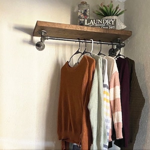 Laundry Room Towel Holder, Heavy Duty Laundry room rack, Apartment Clothing Rack, Robust Garment Rack with Upper Rustic Shelf, Custom Built