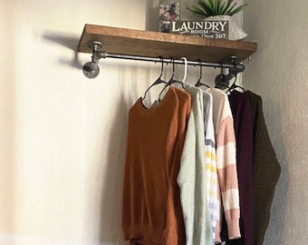 Rustic Laundry Room Garment Rack with Wood Shelf