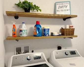 Handcrafted Wood Floating Laundry Shelf: Gun Metal Gray Pipe Brackets