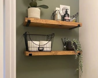 Rustic Pine Kitchen Shelf with Flat Iron J Brackets - Handmade Floating Shelf