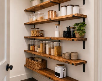 Solid Pine Shelf with Robust L Brackets: Modern Pantry Storage and Display
