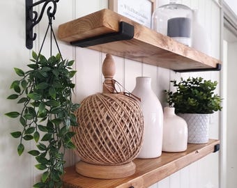 Rustic Wood Shelf with Iron J Brackets - Sustainable and Safe Kitchen Decor