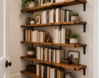 Rustic Pine Floating Shelf, Heavy Duty Iron L Brackets for Cookware