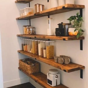 TWO Heavy Duty L Shaped Flat Iron Brackets for ONE Rustic Hand Crafted Shelf, Perfect for Kitchen, Bedroom, Study, Laundry open shelving,