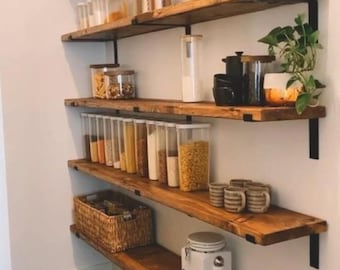 Rustic Pine Floating Shelf, Heavy Duty Iron L Brackets for Cookware