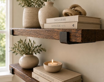 One Nursery Rustic Wood Floating Shelf with Two Heavy-Duty Steel J Brackets,
