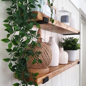 Rustic Ledges - Farmhouse Kitchen Shelf. Solid Wood Open Shelving, J Shaped Flat Iron Bracket shelf, Rustic Wood Shelf, Plant Window shelf