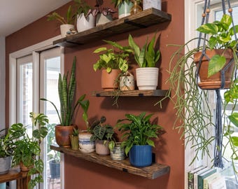 Rustic Floating Shelf with Heavy Duty J Brackets | Solid Wood Wall Decor & Storage