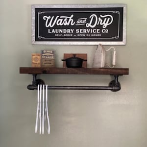 Heavy Duty Laundry Room Rustic Shelf with lower Towel Bar, Apartment Clothing Rack,  with upper shelving, Laundry Room Towel Holder