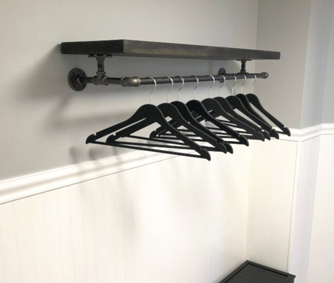 Industrial Piping Wall Mounted Clothing Rack With Rustic Wood Top
