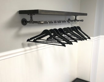 Industrial Pipe Clothing Rack with Rustic Wood Shelf