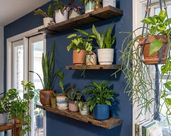 Sustainable Rustic Pine Wood Floating Shelf: Heavy Duty Black J Brackets,