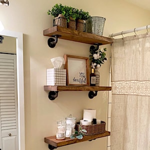 Rustic Pine Floating Shelf with Angled Pipe Brackets | Modern Bookcase Style
