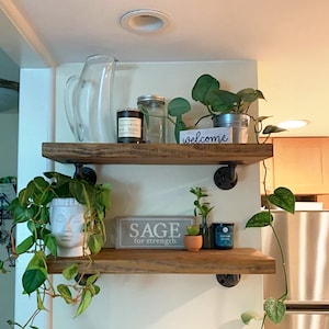 Rustic Farmhouse Wood Shelf, Angled Pipe Brackets, Kitchen or Bathroom