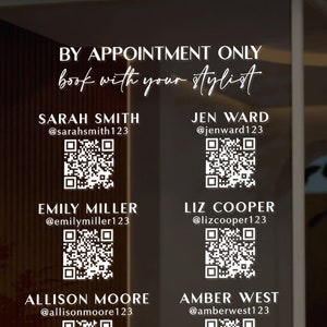 Custom Window Decal | Stylist List with QR codes | Vinyl Decal for Salon, Spa, Esthetics / Aesthetics, Suites, Hair Stylists