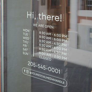 Custom Storefront Window Sticker | Business Hours | Vinyl Decal for Store, Restaurant, Office, Salon, Gym, Boutique