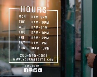 Custom Storefront Window Sticker | Business Hours | Vinyl Decal for Store, Restaurant, Office, Salon, Gym, Boutique