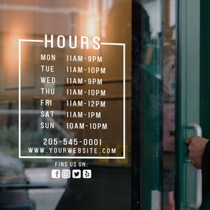 Custom Storefront Window Sticker | Business Hours | Vinyl Decal for Store, Restaurant, Office, Salon, Gym, Boutique