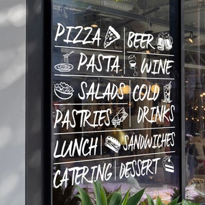 Calcomanía personalizada para ventanas de restaurantes y panaderías / Elementos del menú con imágenes / Calcomanía de vinilo para mayores de 8 años