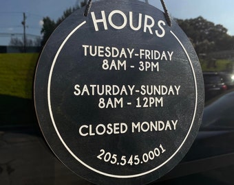 Storefront Business Hours Circular Engraved Wood Sign for Store, Boutique, Salon, Spa, Office, Bakery, Coffee Shop, Restaurant, Gym, Studio