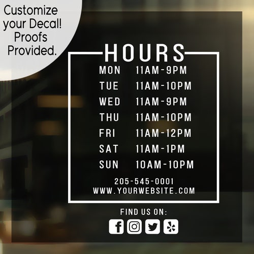 Store Front Hours Vinyl Decal Store Sign Store Display Decal Etsy