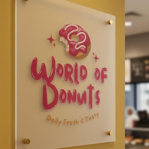May include: A clear acrylic sign with the words "World of Donuts" in pink script, featuring a bitten donut graphic. The sign also includes the text "Daily Fresh & Tasty" and is mounted with gold-colored hardware.
