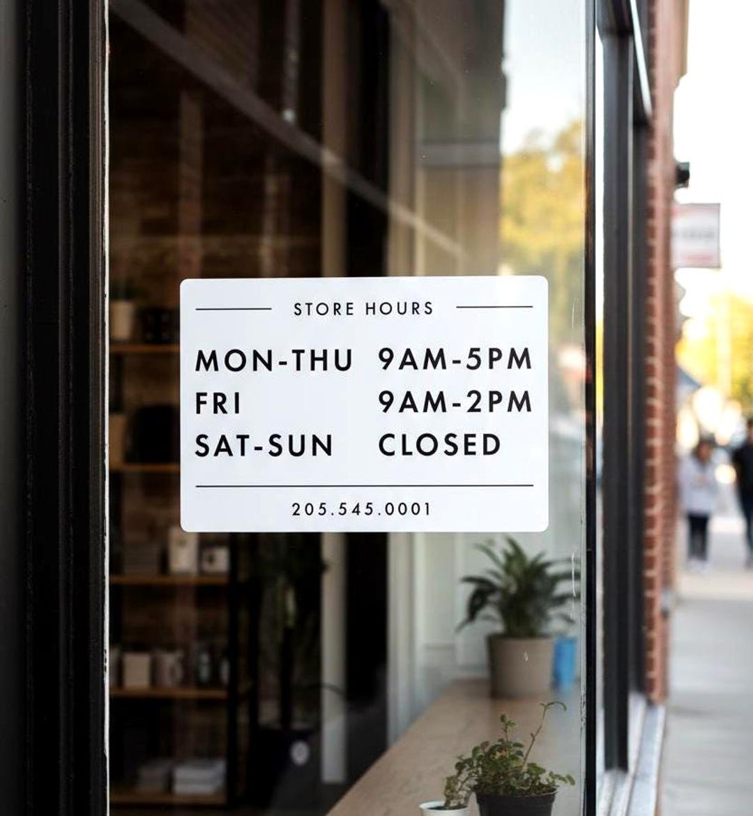 Custom Business Window Sticker | Business Hours & Contact Info ...