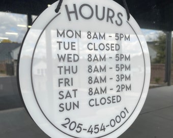 Storefront Business Hours Circular Acrylic Sign for Store, Boutique, Salon, Spa, Office, Bakery, Coffee Shop, Restaurant, Gym, Studio