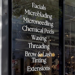 Custom Business Window Decal | Services List Basic | Vinyl Decal for Salon, Spa, Esthetics, Boutique, Shop, Restaurant, Medical Office