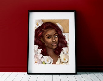 Red Head Flower Art Print | Brown Skin Artwork | Hand drawn | Melanin Art |  African American Woman Art | Art Lover Print